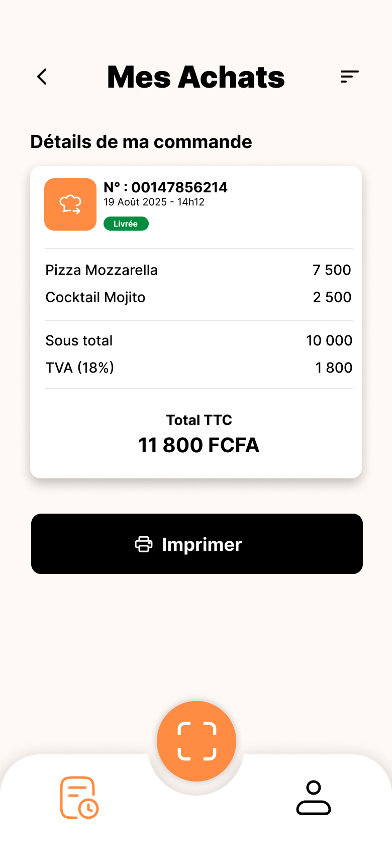 Détail d'une commande dans l'application ZϽN : articles, TVA et total TTC en FCFA