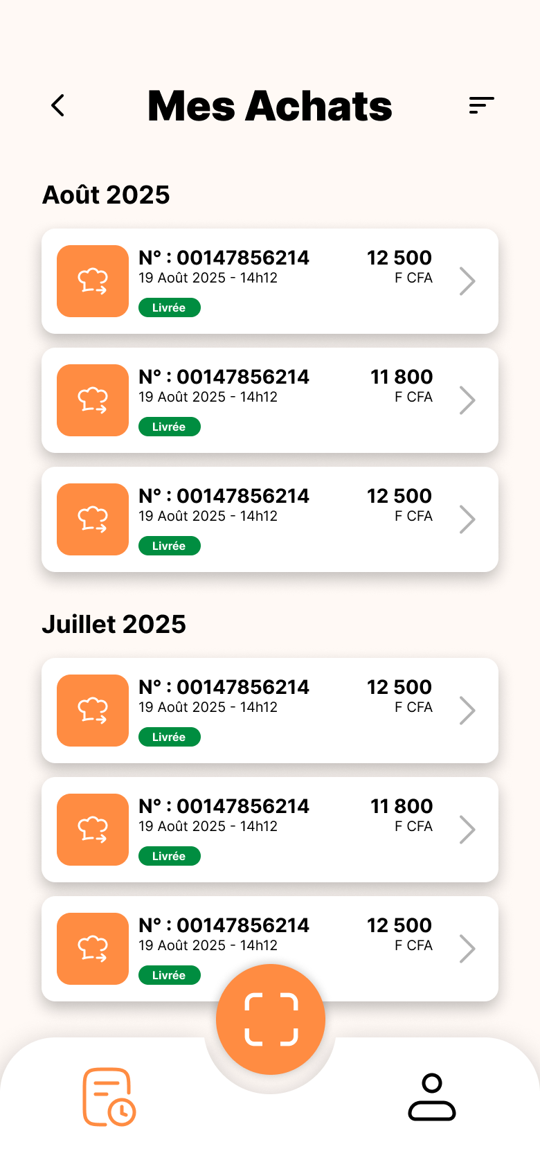 Historique des achats par mois dans l'application ZϽN